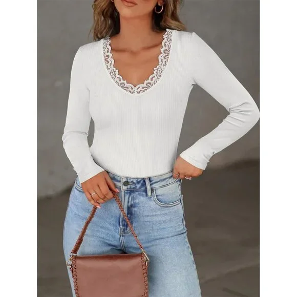Long Sleeve Women Lace V Neck Ribbed Fitted Blouse Casual Work Top - Picture 2 of 9